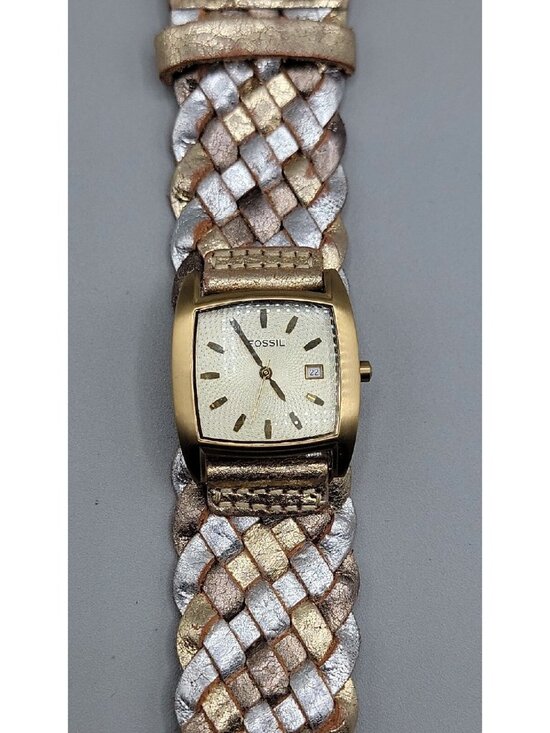 Vintage Fossil Ladies JR9017 Square Watch Date Window Woven Leather Band  8\